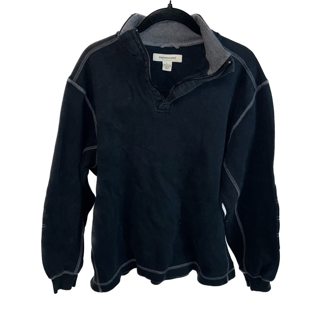 Pronto Uomo Sweater Pullover Top Long Sleeve V-Neck Quarter Zip Shirt Elbow Pads